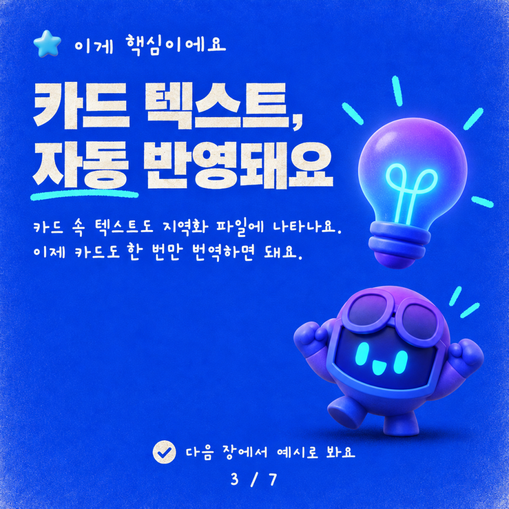 하나의 카드: 한 번 만들어 모든 언어로 말하기 카드뉴스 3/7
