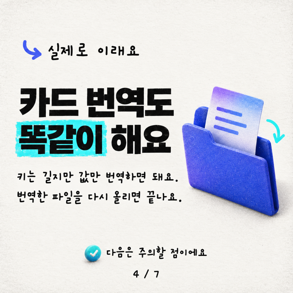 하나의 카드: 한 번 만들어 모든 언어로 말하기 카드뉴스 4/7