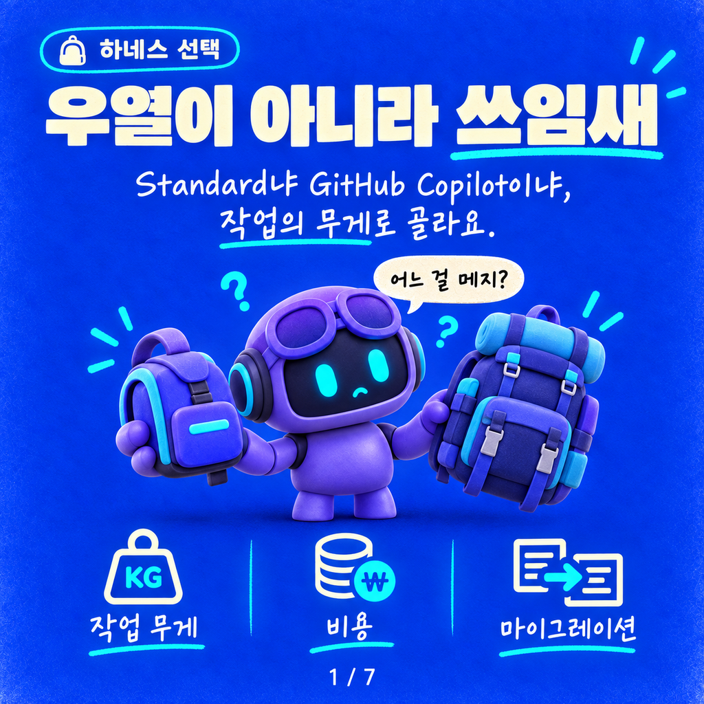 Standard냐 GitHub Copilot이냐 — 하네스는 작업의 무게로 고르세요 카드뉴스 1/7
