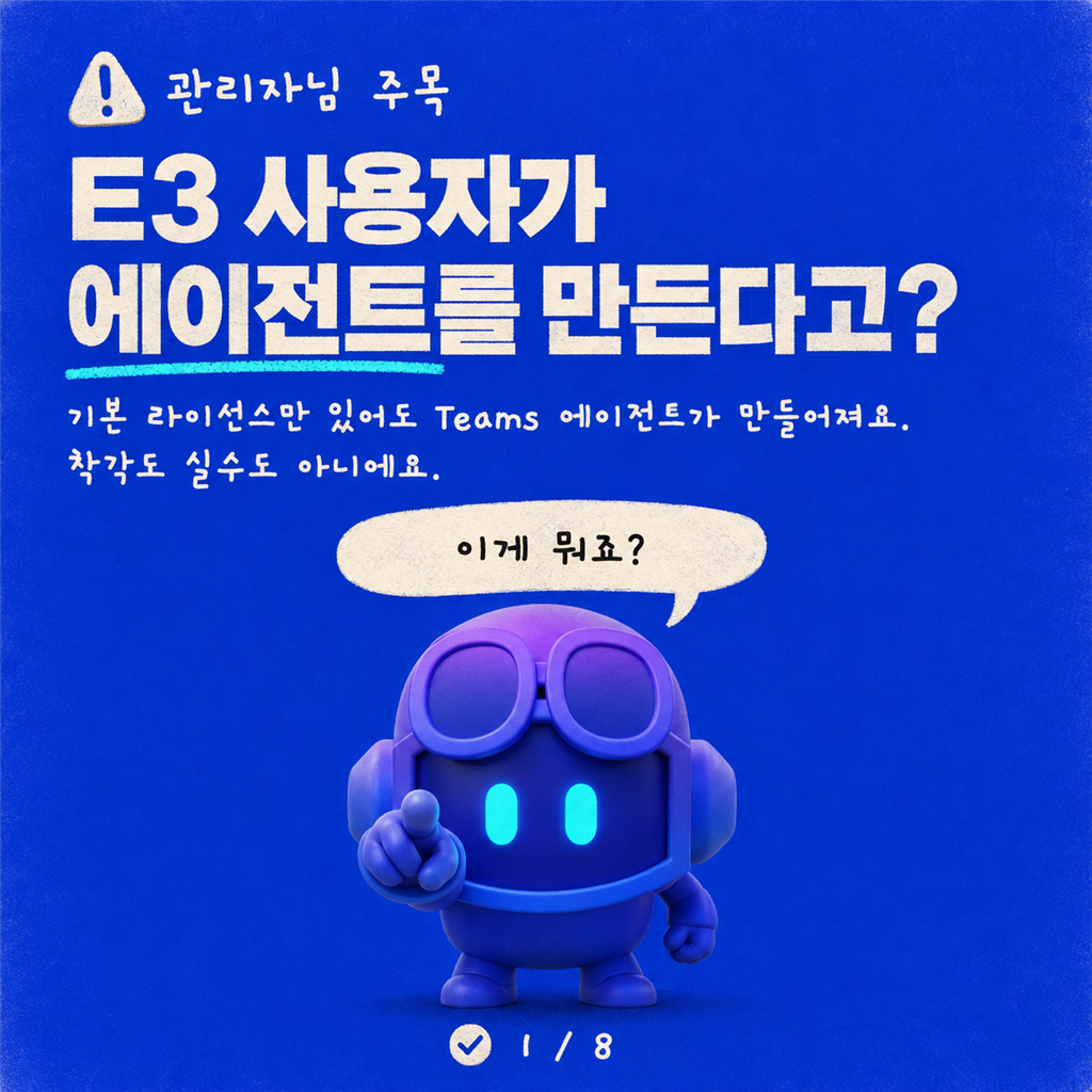 E3 사용자가 갑자기 Copilot Studio에서 에이전트를 만들 수 있는 이유 — 그리고 끄는 방법 카드뉴스 1/8