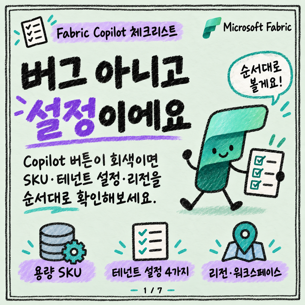 Fabric Copilot이 안 보이는 이유: 용량·테넌트 설정 체크리스트 카드뉴스 1/7