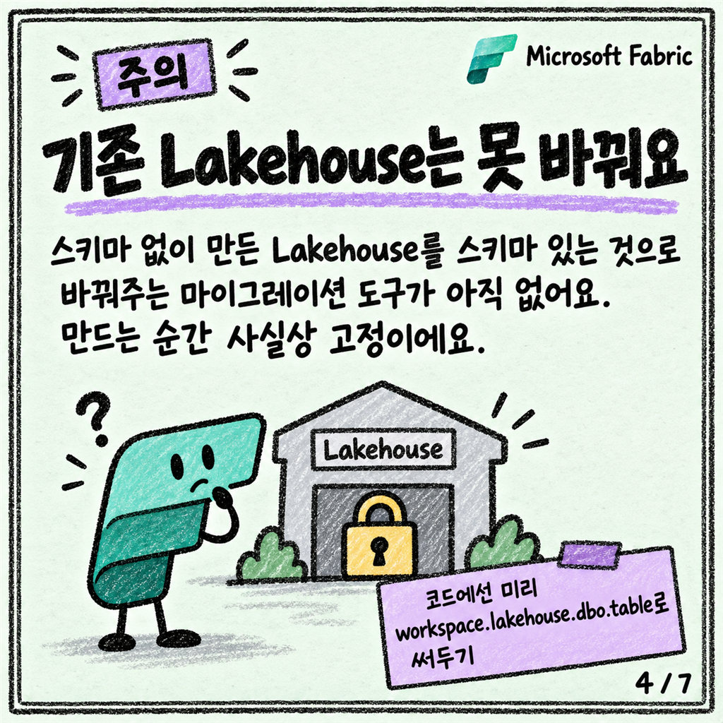 Lakehouse에도 스키마가 생겼어요 — dbo 말고 나눠 쓰는 법 카드뉴스 4/7