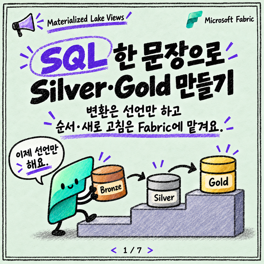 Materialized Lake Views: SQL로 선언하는 Silver·Gold 변환 카드뉴스 1/7