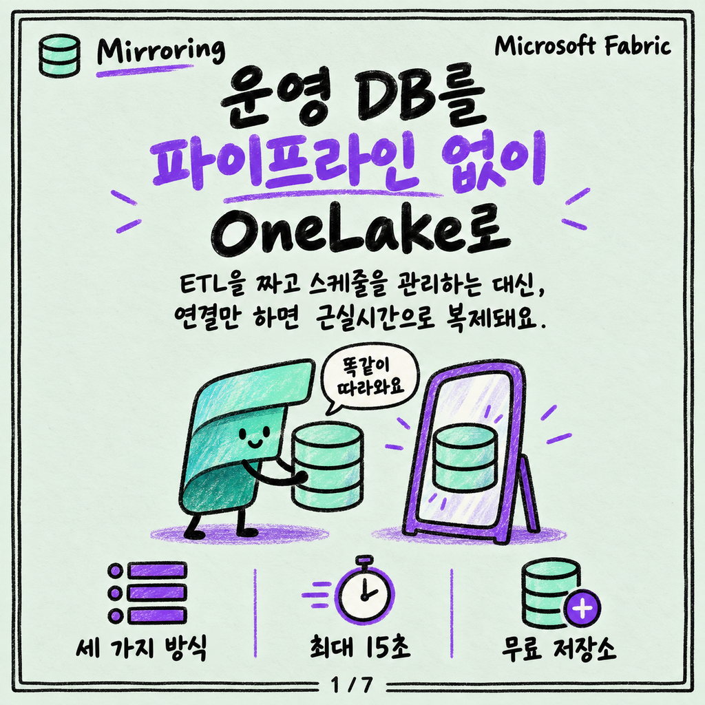 Mirroring: 운영 DB를 파이프라인 없이 OneLake에 복제하기 카드뉴스 1/7