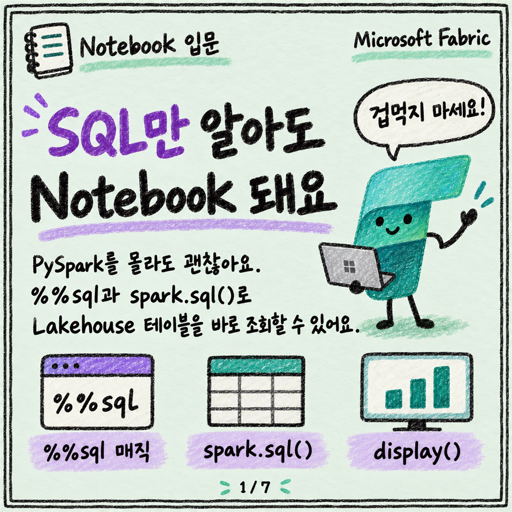 SQL만 하던 사람의 첫 Fabric Notebook: spark.sql부터 시작하세요 카드뉴스 1/7