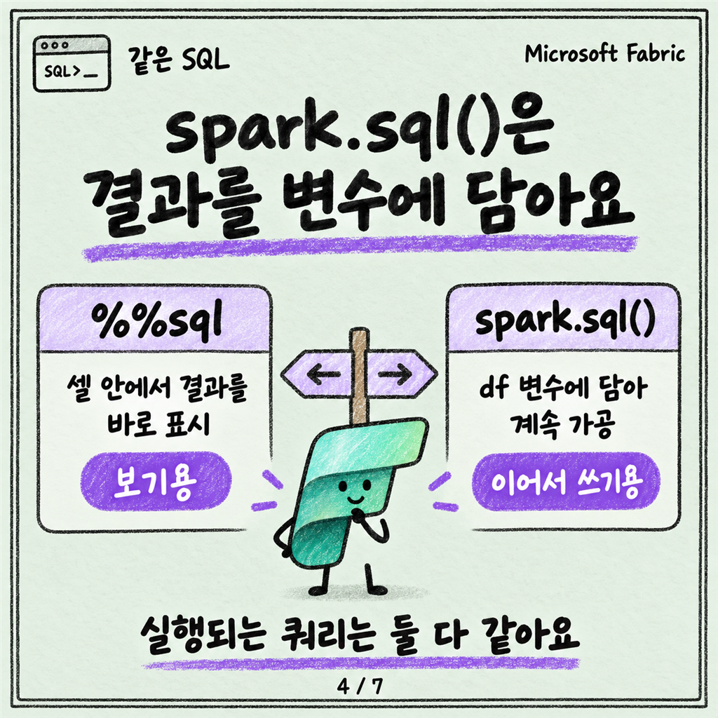 SQL만 하던 사람의 첫 Fabric Notebook: spark.sql부터 시작하세요 카드뉴스 4/7