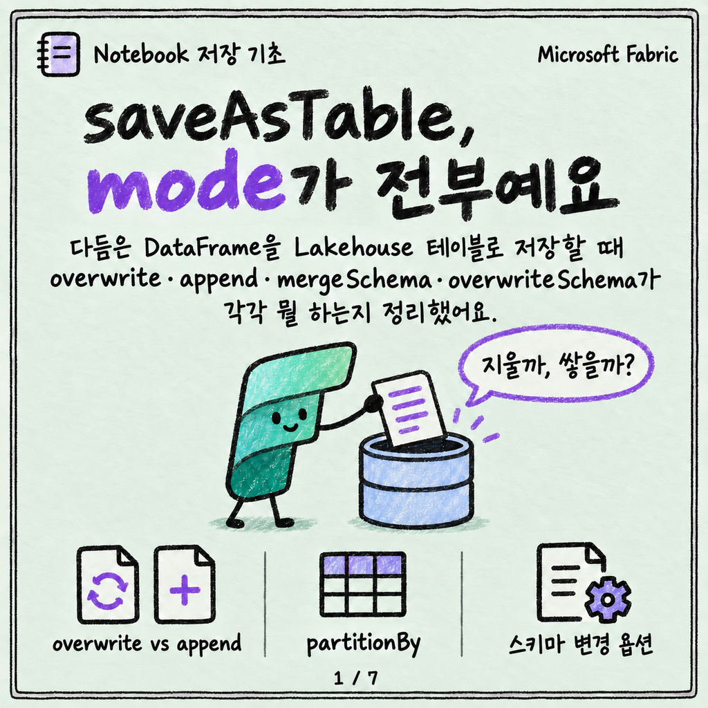 Notebook에서 Lakehouse 테이블로 저장하기: saveAsTable과 mode의 의미 카드뉴스 1/7