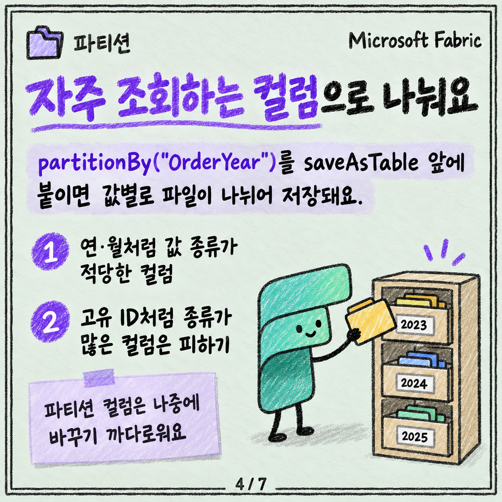 Notebook에서 Lakehouse 테이블로 저장하기: saveAsTable과 mode의 의미 카드뉴스 4/7