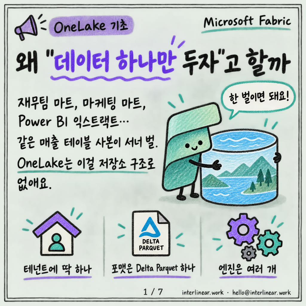 OneLake는 왜 "데이터 하나만 두자"고 말할까 카드뉴스 1/7