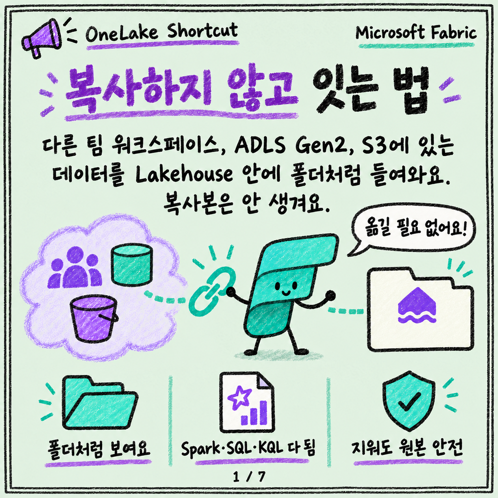 OneLake Shortcuts, 데이터를 복사하지 않고 잇는 법 카드뉴스 1/7