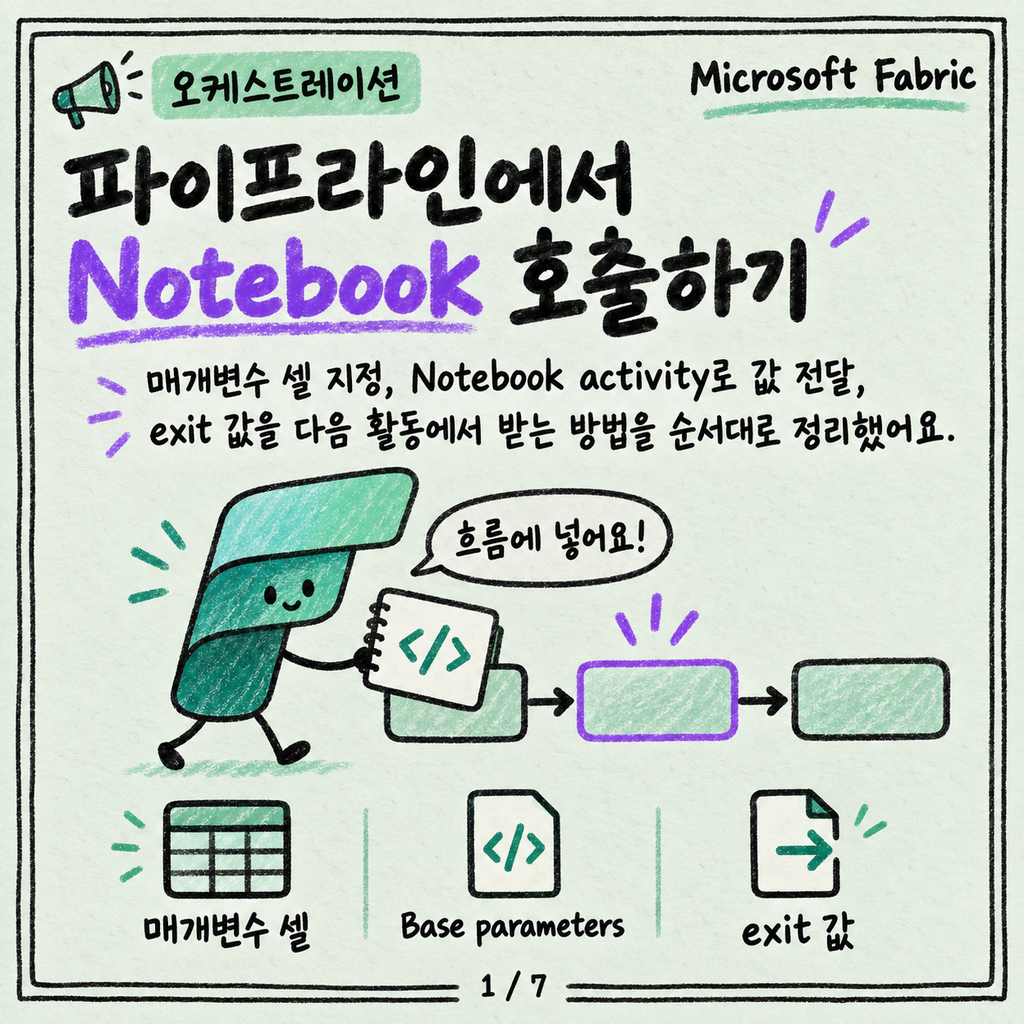 파이프라인에서 Notebook 호출하고 매개변수 넘기기 카드뉴스 1/7