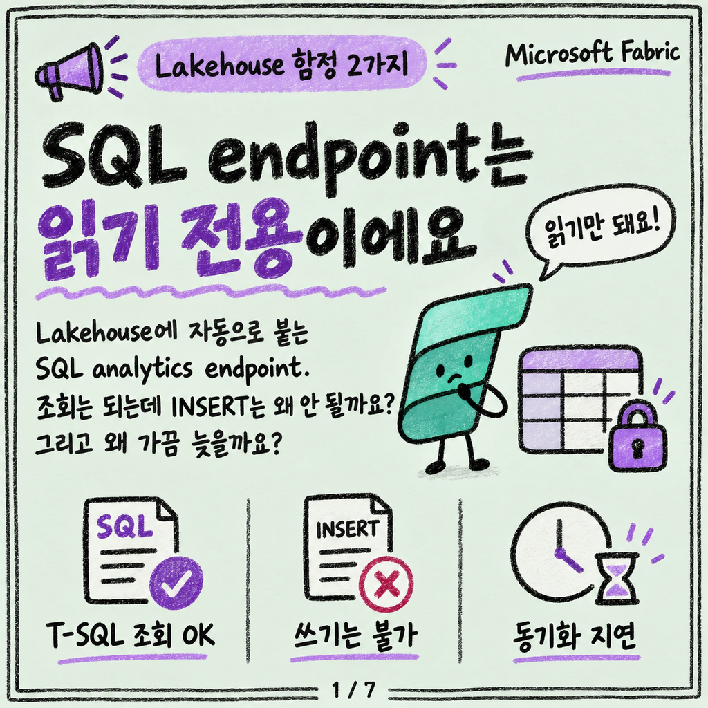 SQL analytics endpoint는 읽기 전용이에요 — 그리고 가끔 늦어요 카드뉴스 1/7
