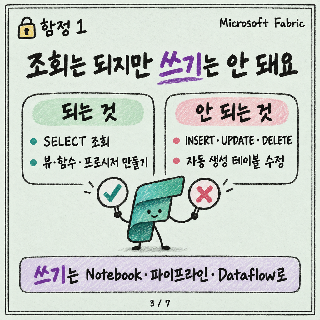 SQL analytics endpoint는 읽기 전용이에요 — 그리고 가끔 늦어요 카드뉴스 3/7