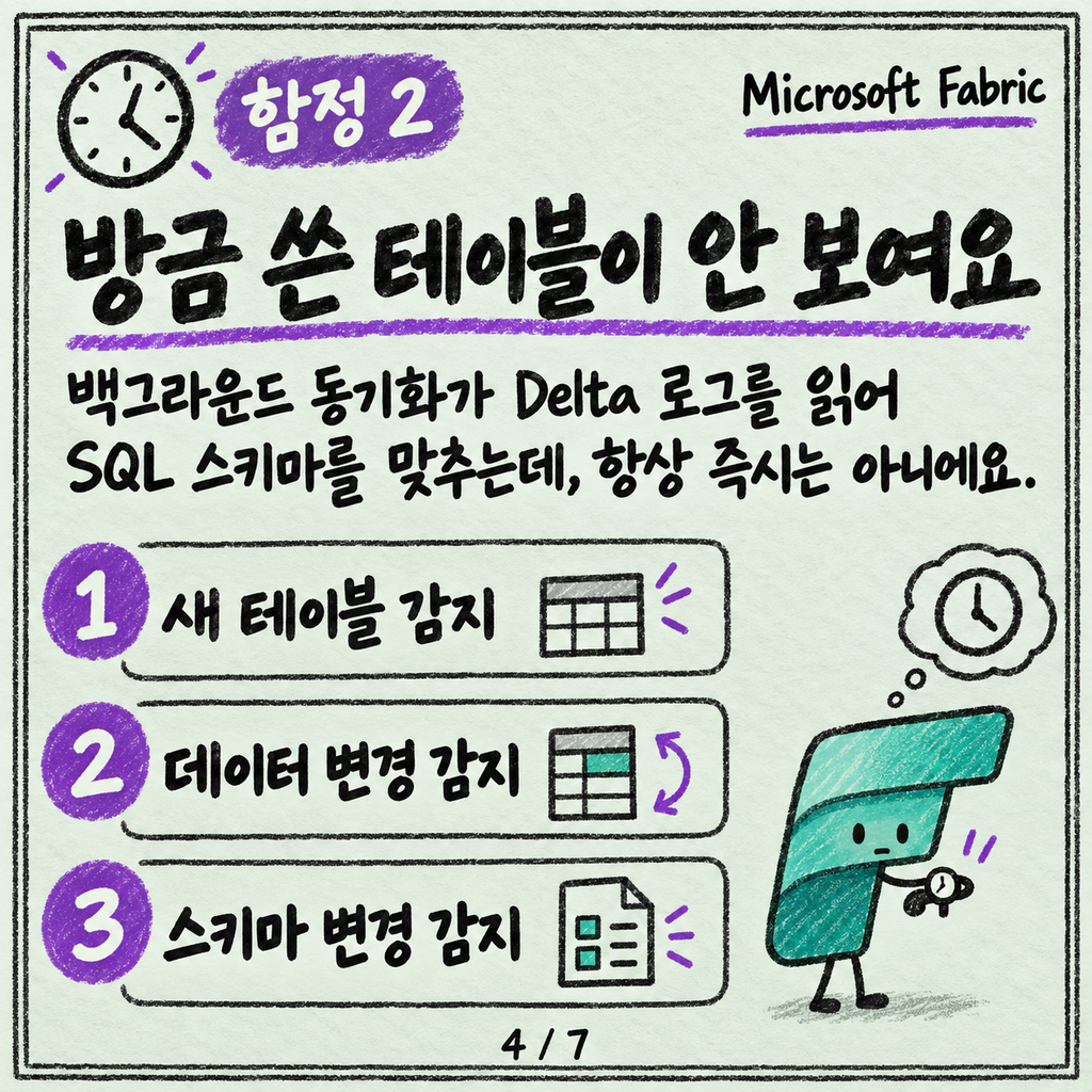 SQL analytics endpoint는 읽기 전용이에요 — 그리고 가끔 늦어요 카드뉴스 4/7