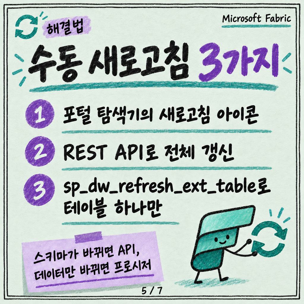 SQL analytics endpoint는 읽기 전용이에요 — 그리고 가끔 늦어요 카드뉴스 5/7