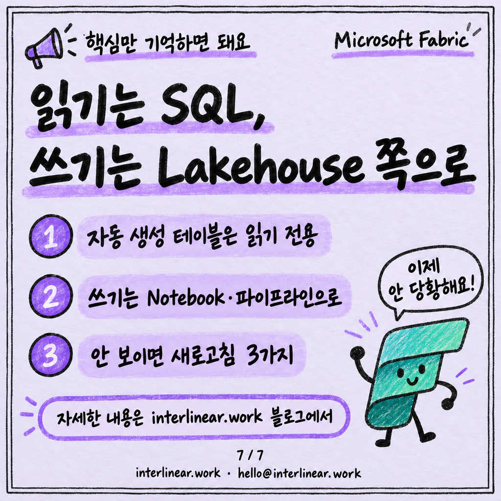 SQL analytics endpoint는 읽기 전용이에요 — 그리고 가끔 늦어요 카드뉴스 7/7
