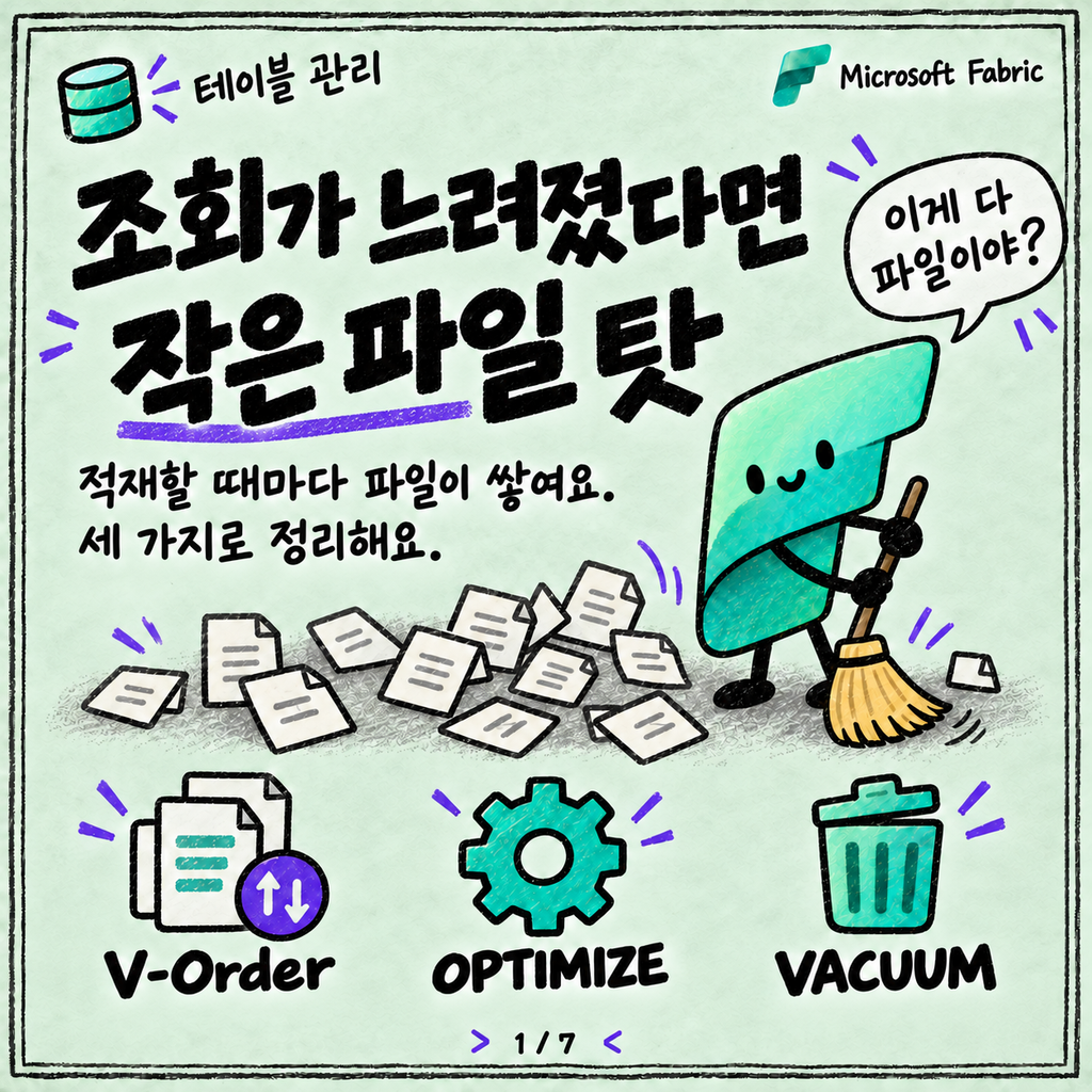 V-Order와 OPTIMIZE·VACUUM: Lakehouse 테이블 관리 기본 카드뉴스 1/7