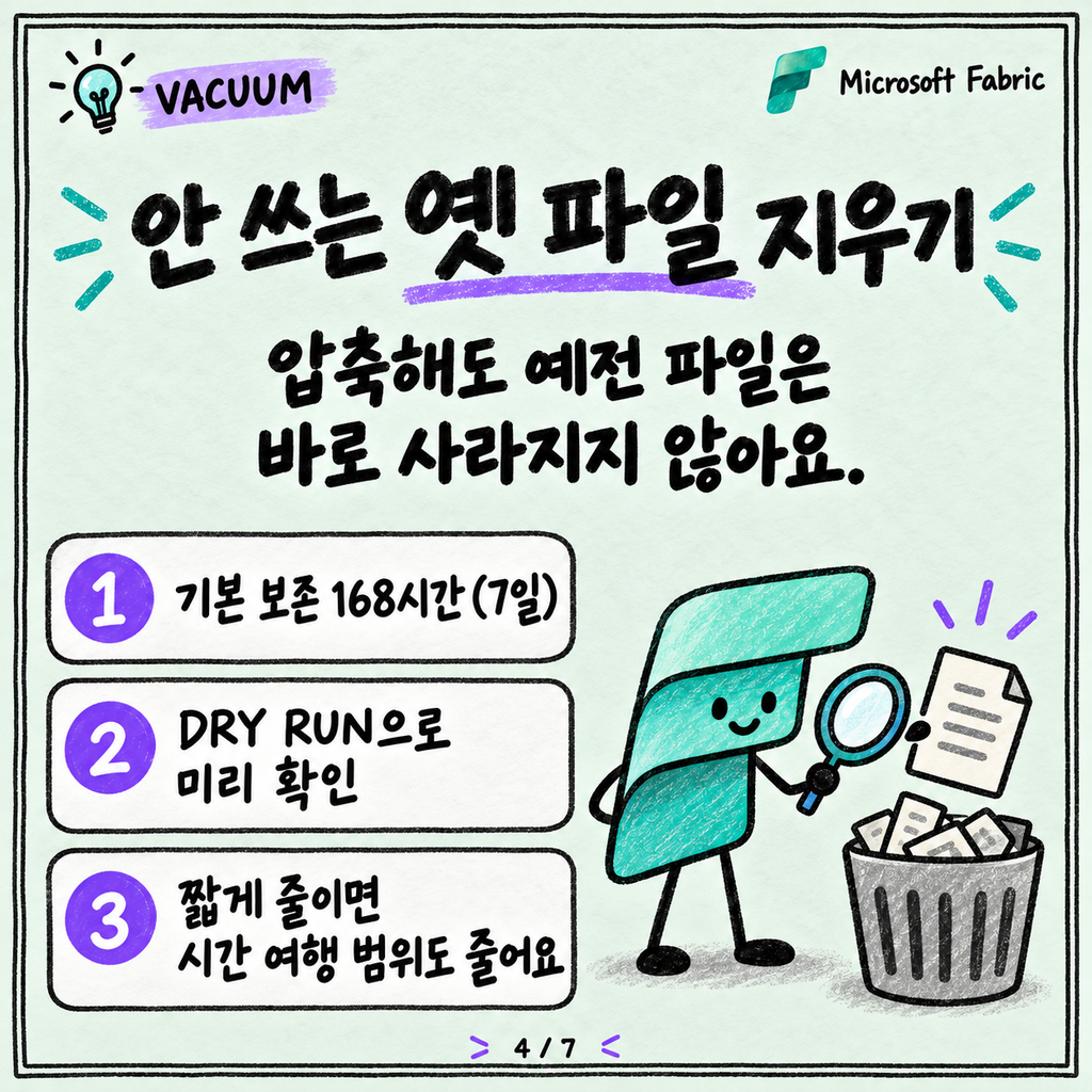 V-Order와 OPTIMIZE·VACUUM: Lakehouse 테이블 관리 기본 카드뉴스 4/7