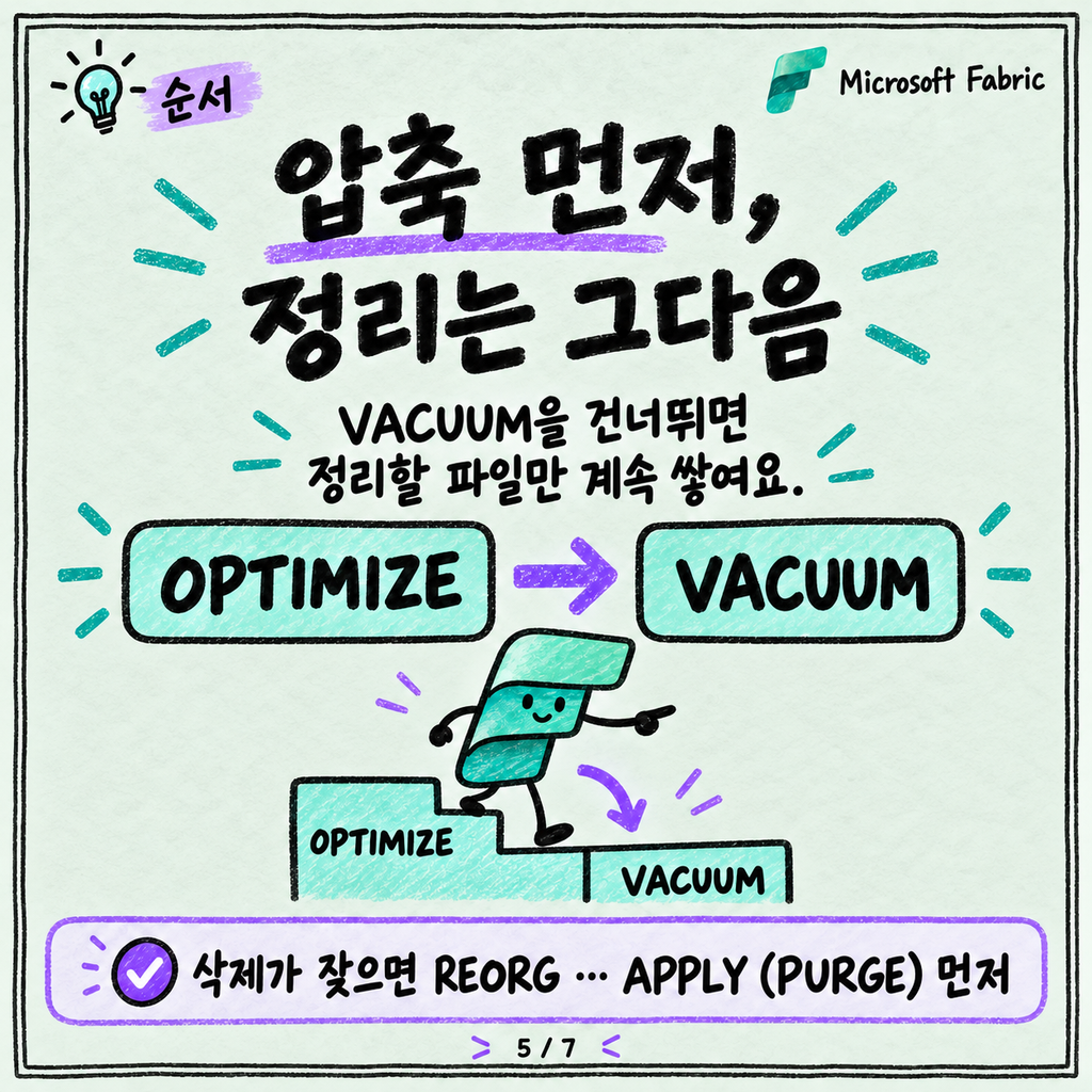 V-Order와 OPTIMIZE·VACUUM: Lakehouse 테이블 관리 기본 카드뉴스 5/7