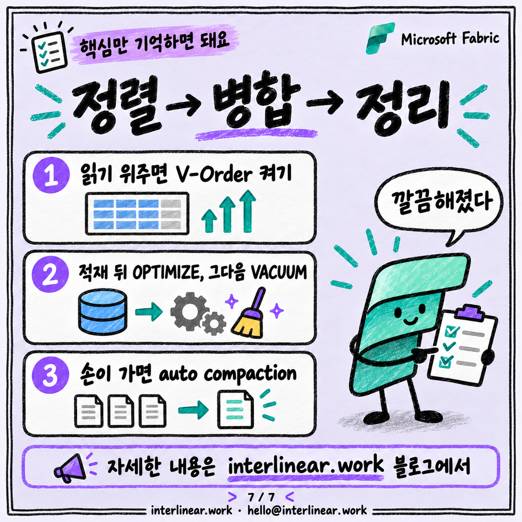 V-Order와 OPTIMIZE·VACUUM: Lakehouse 테이블 관리 기본 카드뉴스 7/7