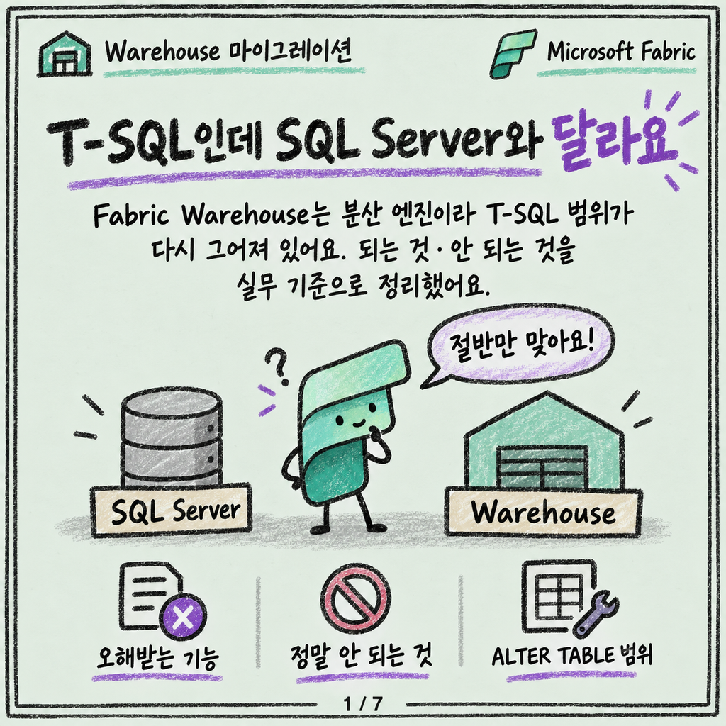 SQL Server 하던 사람이 Fabric Warehouse에서 당황하는 T-SQL 차이 카드뉴스 1/7