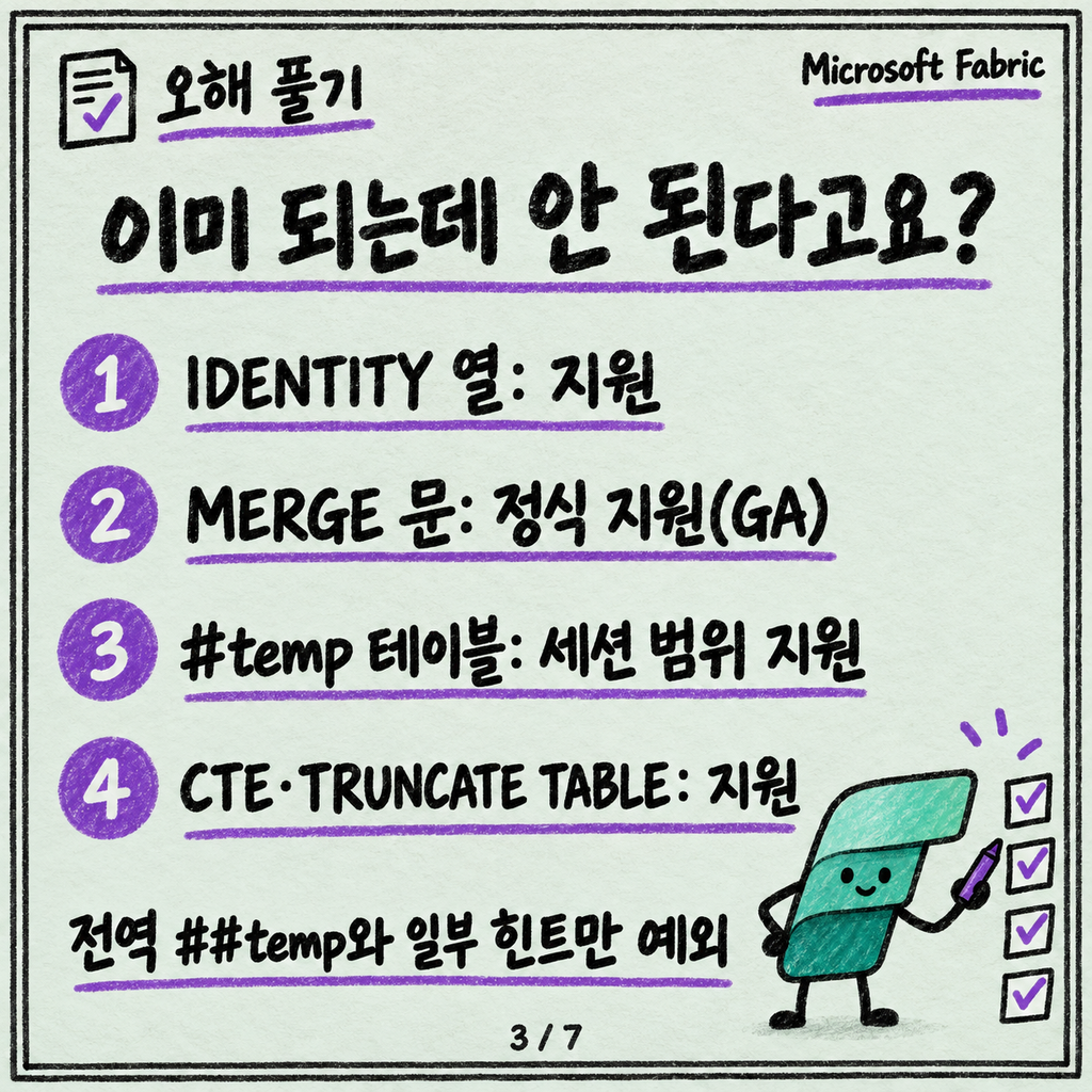 SQL Server 하던 사람이 Fabric Warehouse에서 당황하는 T-SQL 차이 카드뉴스 3/7