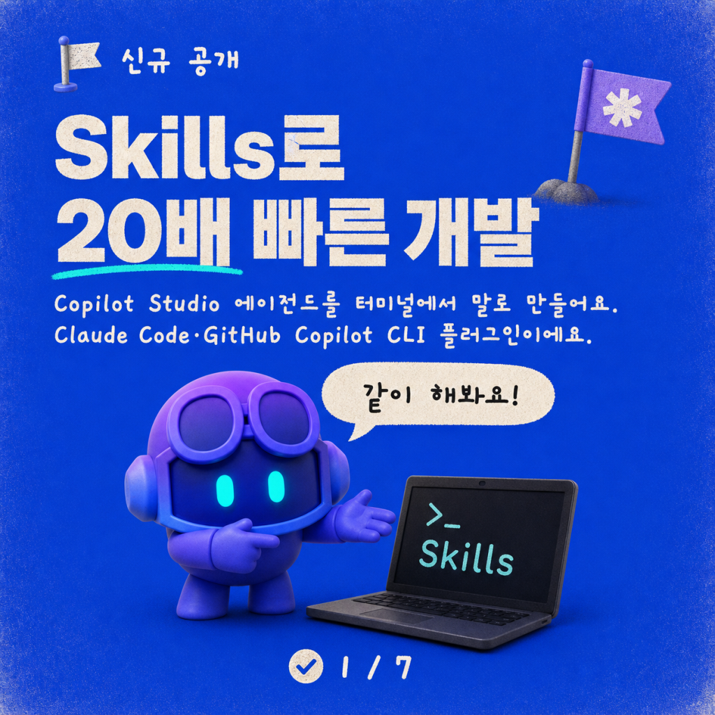Skills for Copilot Studio: YAML<sup>1</sup> 코드로 최대 20배 빠르게 에이전트 만들기 카드뉴스 1/7